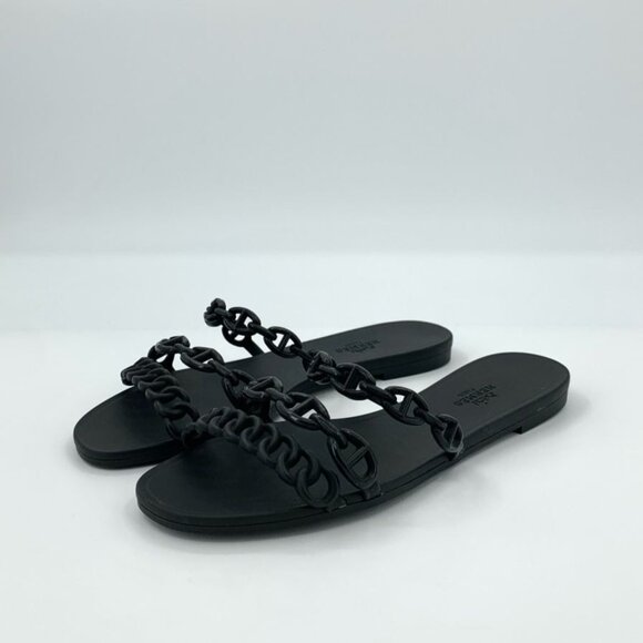 Hermès Chain Link Flat Sandals Black Size 36 Pig Nose Design Leather Womens Slip - Picture 1 of 7